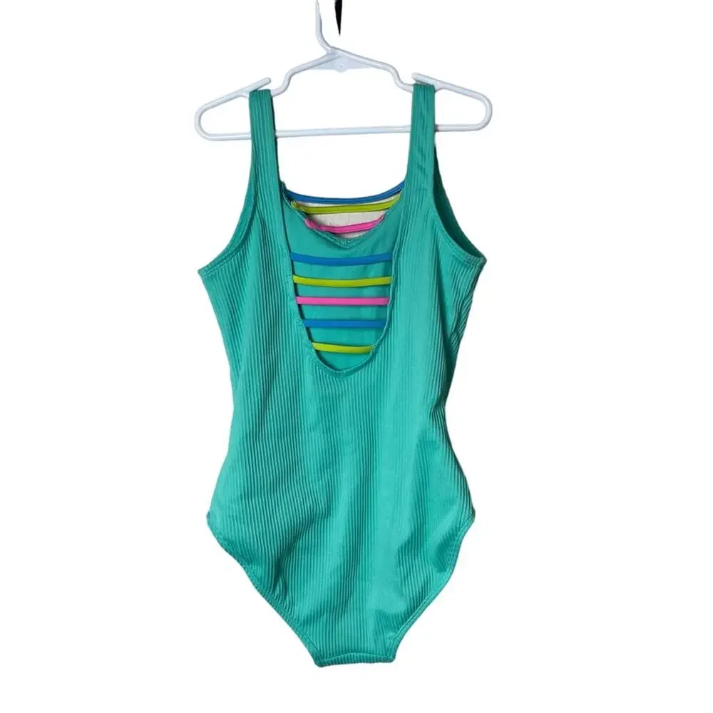 More Than Magic Ribbed V Neck and U Neck Back Swimsuit Green Size Large